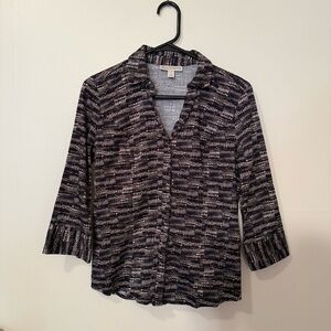 Dana Buchman Black and White Blouse with Notched Collar and Relaxed Fit